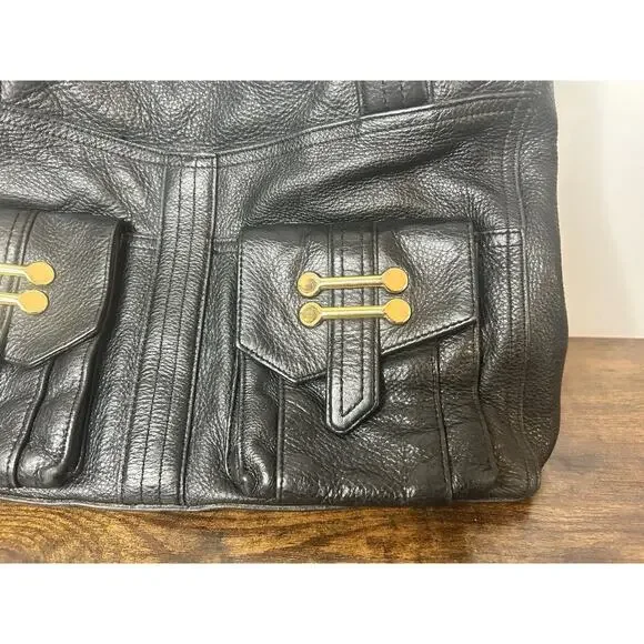 Polo Ralph Lauren Black Leather Tote Shoulder Bag Gold Hardware Classic - Picture 2 of 16